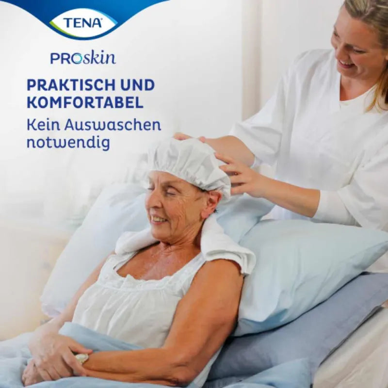 TENA Shampoo Cap wird bei einer Frau angewendet